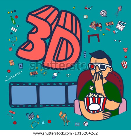 Vector set. Cartoon cute hand drawn Cinema. Colorful detailed, with lots of objects background. Doodle Set. Hand drawn cinema icons doodle