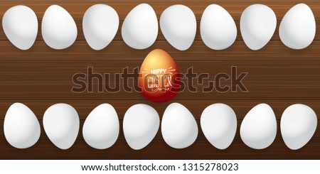 Happy easter horizontal banner with colorful golden egg and white eggs isolated on wooden  background. Vector Happy easter creative concept illustration