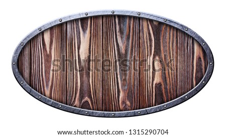 Vintage oval wooden signboard for information in scratched metallic frame on rivets isolated on white background