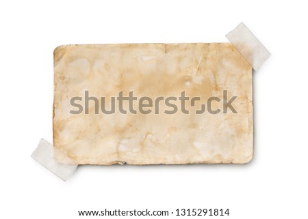 Mockup of empty old vintage yellowed paper sheet with scotch tape isolated on white background