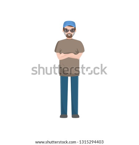 Bearded Man Wearing Casual Clothes, Glasses and Baseball Cap Standing with Folded Hands Vector Illustration