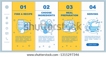 Holiday supper onboarding mobile web pages vector template. Choosing recipes, ingredients, food preparation, serving. Responsive smartphone website interface. Webpage walkthrough step screens concept