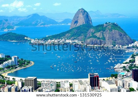 Rio de Janeiro, Olympic City 2016 - Sugar-loaf. Suffering with COVID19 and corruption scandals. Tourist site in the former capital of Brazil.  Water around, and Niteroi city in the background. Royalty-Free Stock Photo #131530925