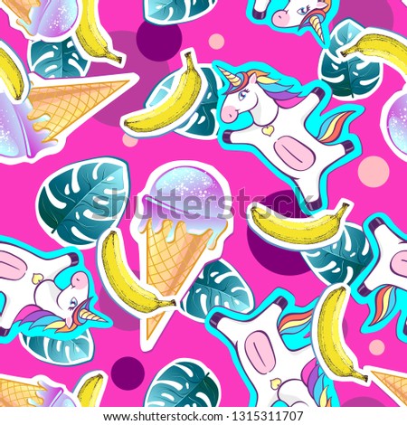 Summer seamless pattern with unicorn and ice cream. Zine Culture style summer background