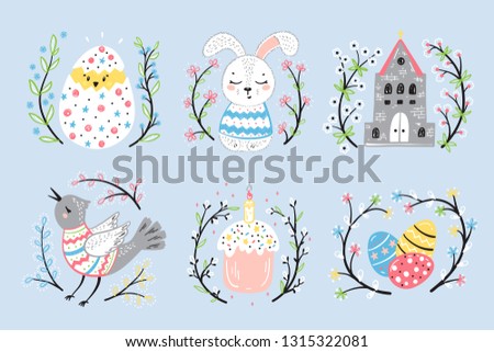 Easter Vector Set of Cartoon Cute Bunny, Catholic Church, Easter Cake, Painted Eggs, Bird and Baby Chicken with Flower and Willow Branches