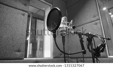 Studio microphone or mic for recording for vocal singer or commercial announcer with shock mount and pop filter on professional tripod in acoustic foam room for best sound and mix process