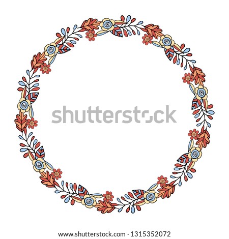 Round frame with floral doodles. Floral wreath on white background. Festive floral circle for your design