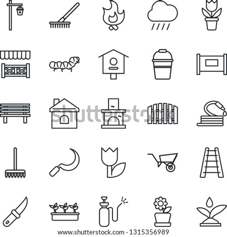 Thin Line Icon Set - fence vector, flower in pot, rake, ladder, wheelbarrow, bucket, fire, house, seedling, rain, hose, sickle, garden knife, bench, light, fireplace, caterpillar, bird, sprayer