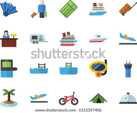Color flat icon set bicycle flat vector, pool, trailer fector, airport tower, luggage, baggage claim, tent, arrival, departure, island, swimming mask, flippers, reception desk, cruise ship, yacht