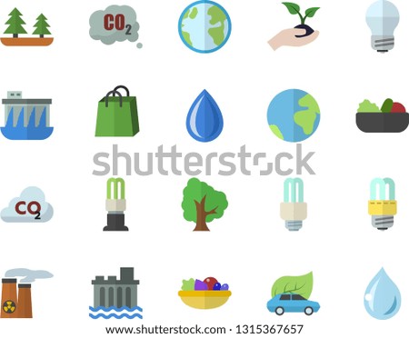 Color flat icon set energy saving lamp flat vector, salad, tree, seedlings, earth, forest, hydroelectric power station, eco cars, carbon dioxide, bags, fector, nuclear plant, drop