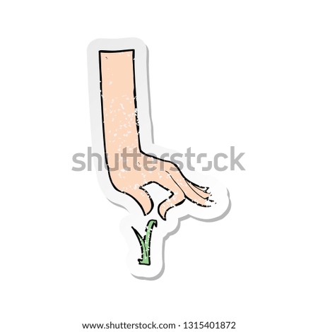 retro distressed sticker of a cartoon hand picking blade of grass