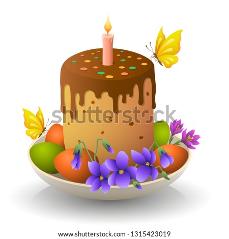 Easter cake on a plate with eggs and flowers