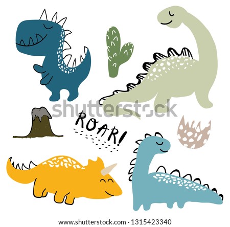 childish dinosaur vector set for fashion clothes, fabric, t shirts. hand drawn vector with lettering.