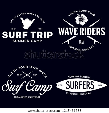 Vintage Surfing Emblems for web design or print. Surfer logo templates. Surf Badges. Summer fun. Surfboard elements. Outdoors activity - boarding on waves. Vector.