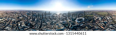 Newcastle upon Tyne Aerial 360 Panoramic Cityscape View in England, UK. Beautiful City Skyline and Famous Landmarks, Central Downtown Urban Buildings feat. Wide Panorama on a Sunny Day.