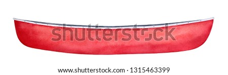 Bright red canoe watercolour illustration. One single object, side view, closeup. Symbol of friendship, camping, journey. Hand painted water colour graphic drawing, cutout clip art element for design.