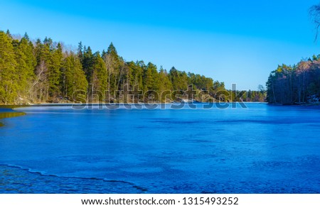 A nice image of a partly ice-covered forest lake on a February day in Tyresta National Park, Sweden
 Royalty-Free Stock Photo #1315493252