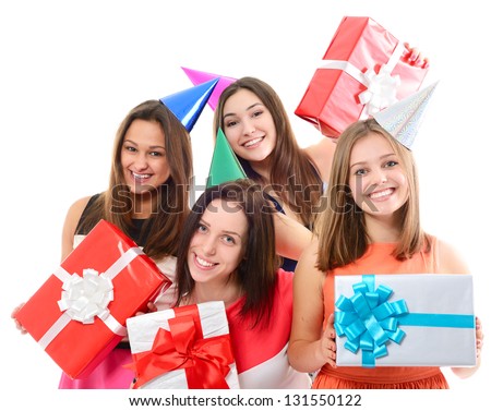Joyful happy smiling young women have fun on birthday party, over white