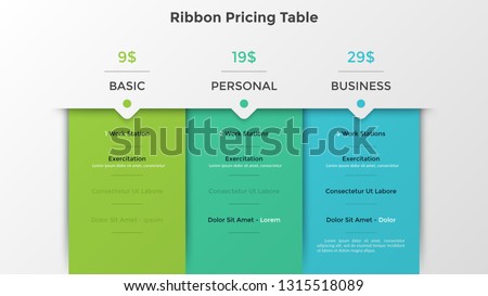 Ribbon pricing tables or subscription plans with account features information or list of included options and price. Infographic design template. Flat vector illustration for website, application. Royalty-Free Stock Photo #1315518089