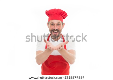 Mature handsome man white background. Cooking as professional occupation. Uniform for cooking. Chef in restaurant. Cooking is my hobby. Learn cooking. Welcome to my kitchen. Culinary inspiration.