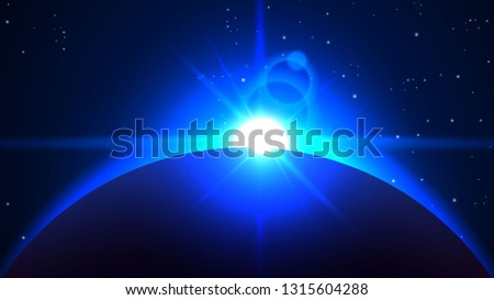 Vector blue abstract background with a solar eclipse. Black open space with a star shining from behind a planet igniting its horizon. Round black placeholder for your text. - Vector