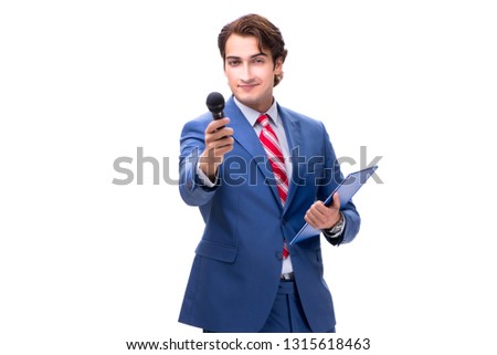 Elegant man with microphone isolated on white 