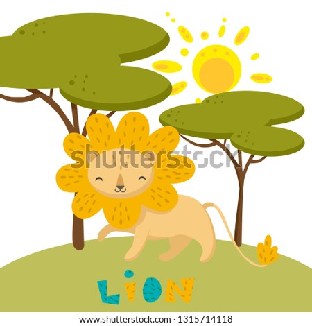 Hand drawn vector of a cute lion in nature.