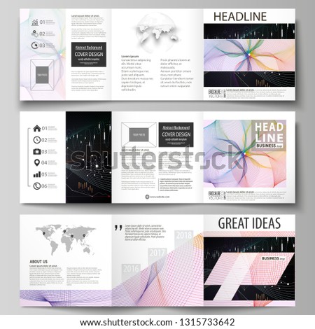 Business templates for tri fold square design brochures. Leaflet cover, vector layout. Colorful abstract infographic background in minimalist style made from lines, symbols, charts, other elements.
