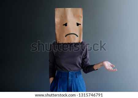Customer Experience or Human Emotional Concept. Woman Covered her Face by Paper Bag and present Sadness Feeling and Disappointed by Drawn Line Cartoon and Body Language