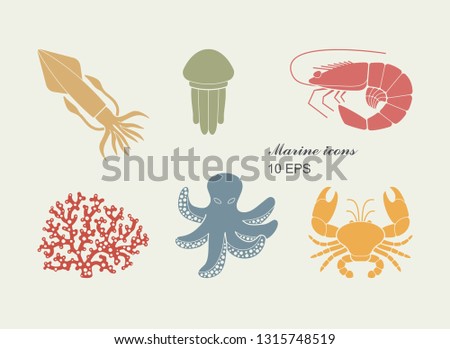 Collection of icons of sea inhabitants. Coral, octopus, jellyfish, crab shrimp squid