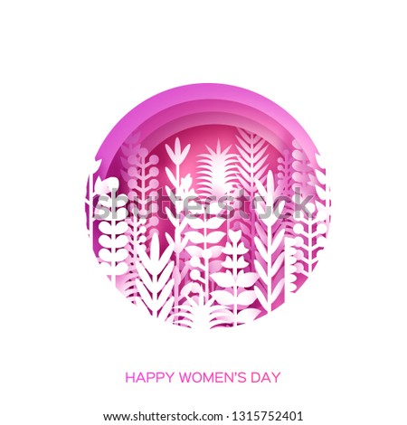 8 March. Origami Spring Flowers for Happy Womens day. Mixed Paper cut out flowers, palm tropical leaves for window display. Circle Frame, space for text. Pink. Mothers Day. Happy holidays.