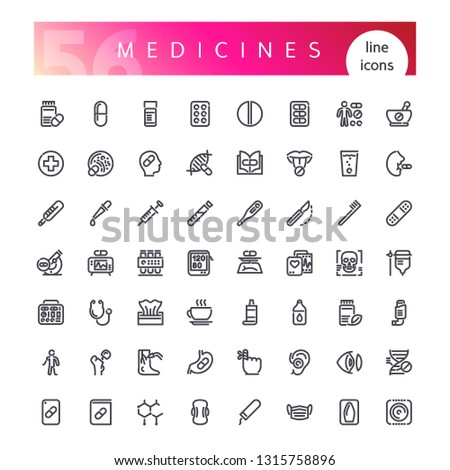 Set of 56 medicine, drugs, pills, cure and other medicament line icons suitable for web, infographics and apps. Isolated on white background. Clipping paths included.