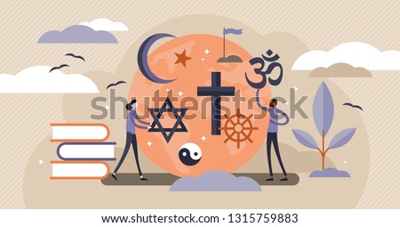 Religion vector illustration. Flat tiny symbolic element collection set persons concept. Theology study and knowledge about christianity, islam and muslim ethnic heritage. Global mythology education. Royalty-Free Stock Photo #1315759883
