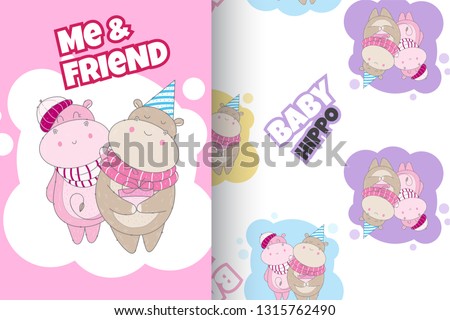 Hand drawn cute hippo with pattern vector set - Trendy scandinavian vector background.  Vector