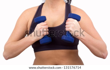 woment working out with dumbells isolated over white background