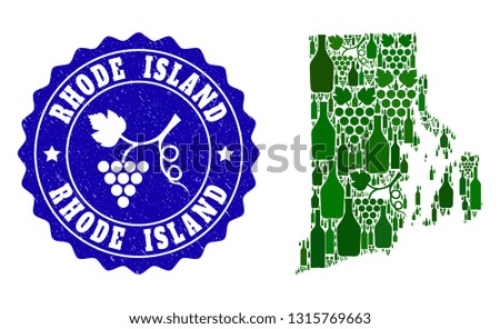 Vector collage of wine map of Rhode Island State and grape grunge seal. Map of Rhode Island State collage created with bottles and grape berries bunches.