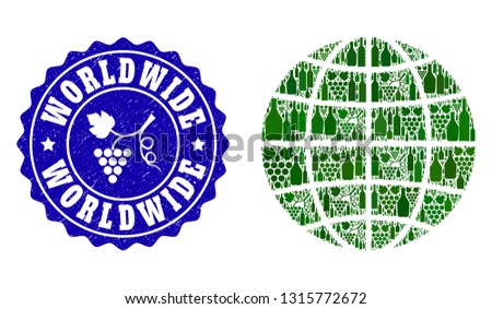 Vector collage of wine map of global world and grape grunge seal. Map of global world collage designed with bottles and grape berries bunches.