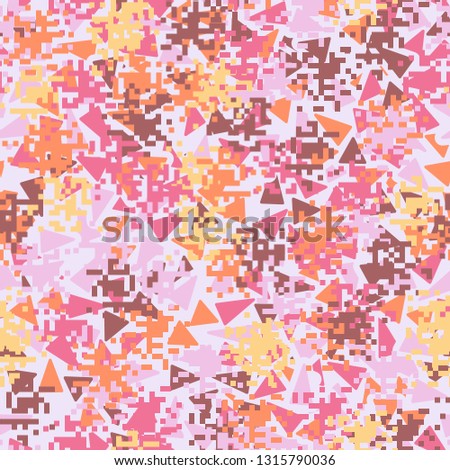 Seamless pattern. Fashionable texture in camouflage style. The top layer is pixel. The bottom layer consists of chaos of colored triangles. Easy to edit.