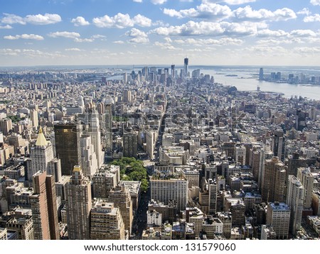 A view of Manhattan from Greenwich Village south to Wall Street as seen from the observation deck of the Empire State Building. Royalty-Free Stock Photo #131579060