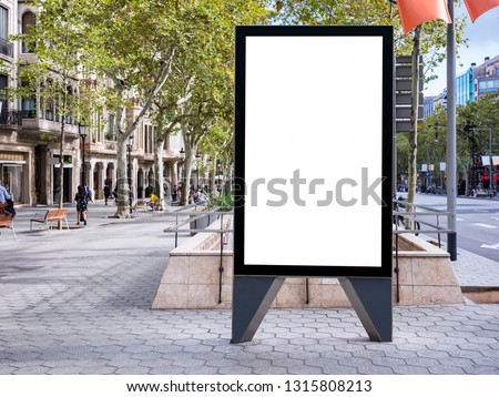 Blank white Mock up Banner Signboard stand Media outdoor with people walking City street Building 