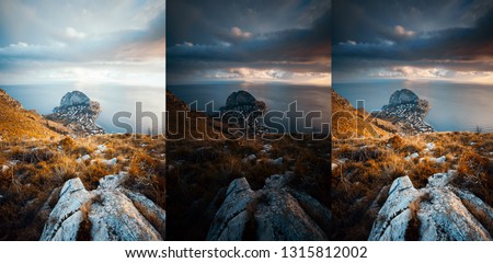 Three photos with different exposures of combined to HDR. Location Sicily, Zafferano cape, Italy, Europe. before and after. Original or retouch, example of photo editing process. Beauty of earth.