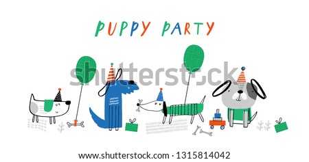 Baby print with puppy: Puppy party. Hand drawn graphic for typography poster, card, label, brochure, banner, baby wear, nursery.  Scandinavian style. Green, red, blue. Vector illustration