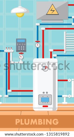 Plumbing Concept Flat Vector Illustration. Boiler Room Equipment. Radiator, Water Pipe, Electrical Panel. Blue Checkered Wall. Heating System. Hot, Cold Water. Print Color Design Drawing, Text Space