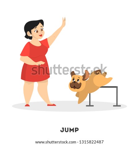 Woman training her pet dog. Jump command. Animal obedience. Pet owner teach and train puppy. Isolated vector cartoon illustration