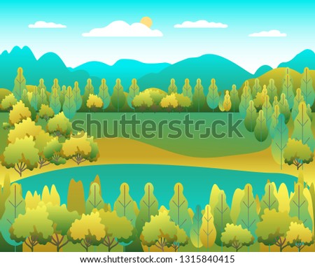 Hills landscape in flat style design. Valley with lake background. Beautiful green fields, meadow, mountains and blue sky. Rural location in the hill, forest, trees, cartoon vector