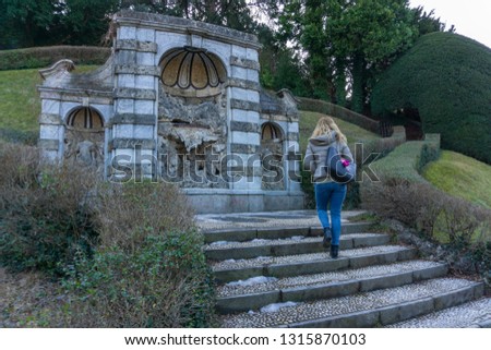 Ninfeo of Giardini Estensi in Varese (Italy) with a girl