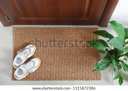 New clean mat with shoes near entrance door and houseplant, top view Royalty-Free Stock Photo #1315872386