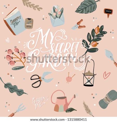 Cute Hello Spring set with hand drawn garden elements, tools and romantic lettering. Good template for web, card, poster, sticker, banner, invitation, wedding. Vector illustration