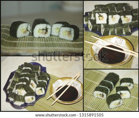 Sushi Rolls of homemade rice, with salmon, cucumber and sea cabbage on makis.
