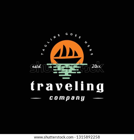 ship, sun and ocean in black background for traveling logo icon vector template